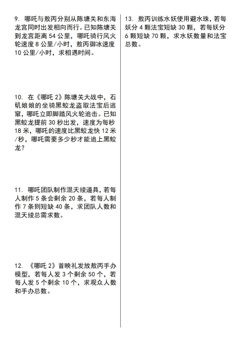 【蘇教版】五下數學之《哪吒2》情景主題探究(簡易方程的應用)（空白版）