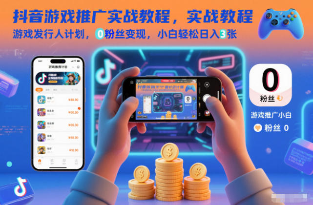 抖音游戲推廣實戰教程，游戲發行人計劃，0粉絲變現，小白輕松日入3張