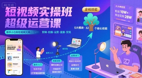 短視頻實操班超級運營課，新手小白到短視頻大神必修課程，剪輯-拍攝-運營-直播-變現(xiàn)