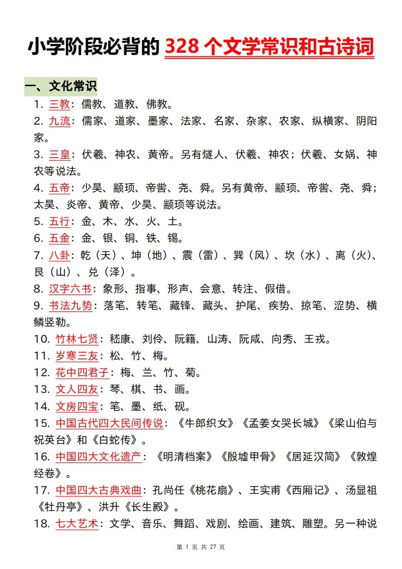 六下語(yǔ)文小學(xué)階段必背的328個(gè)文學(xué)常識(shí)和古詩(shī)詞