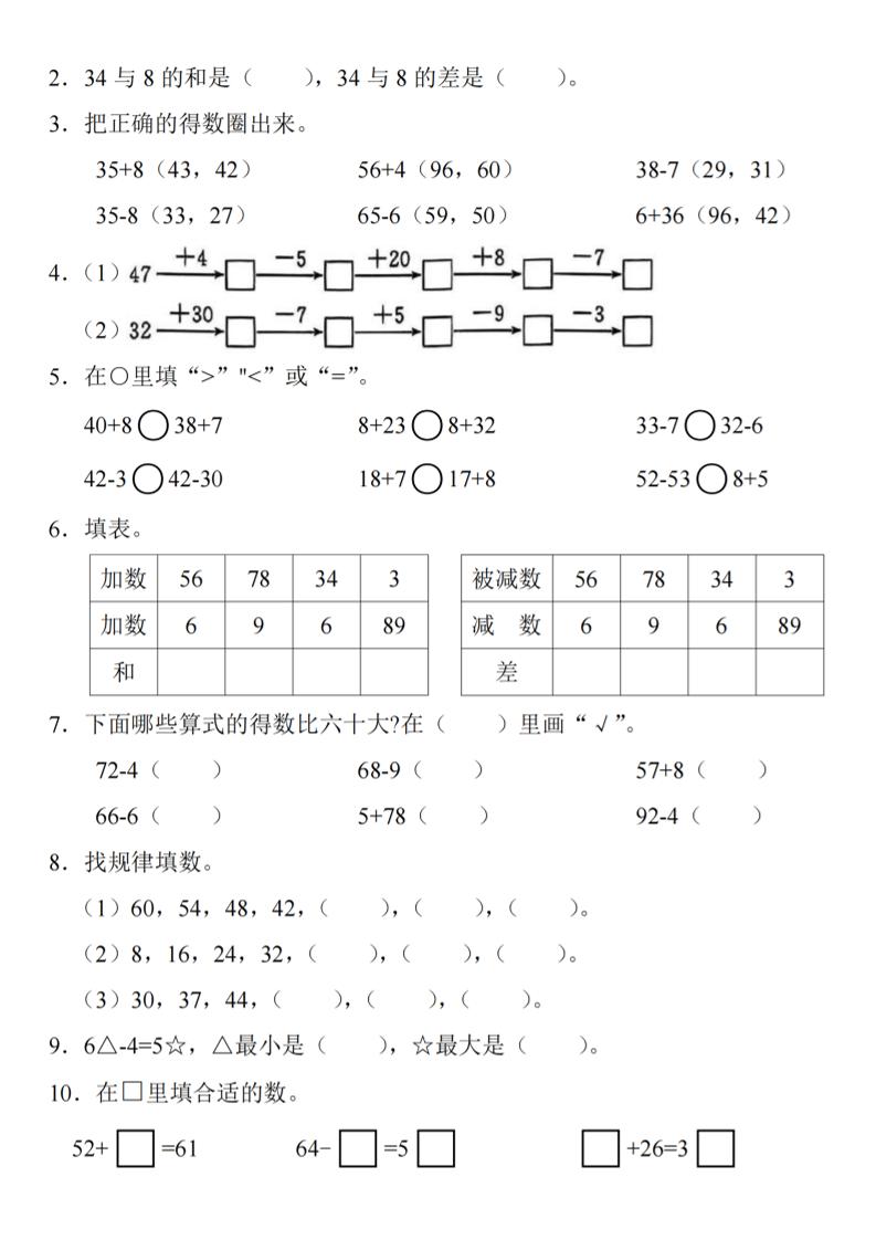 2025春一年級下冊數學期中復習