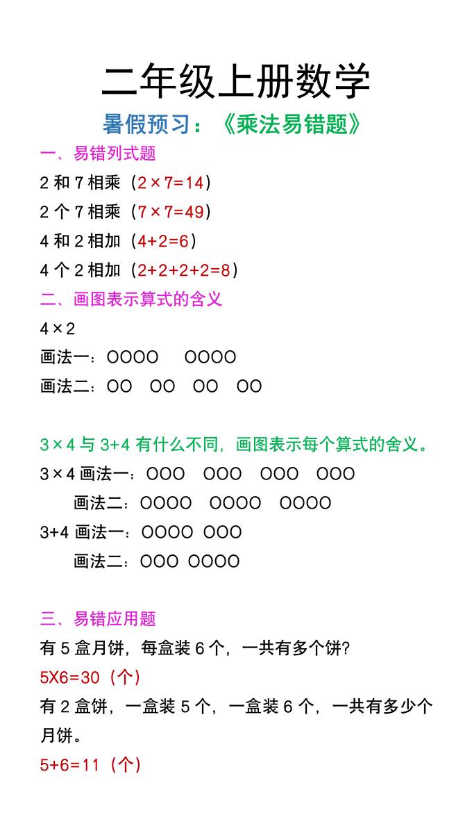 二年級上冊數學暑假預習《乘法易錯題》