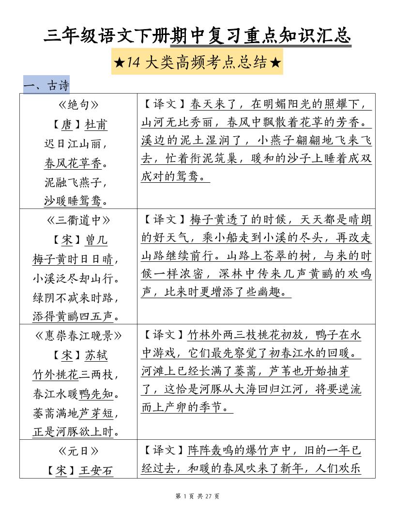 三下語文期中復習重點知識匯總-14大高頻考點