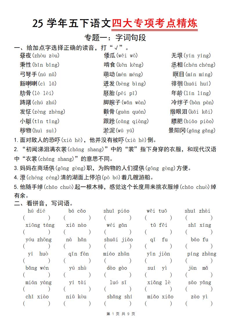 25學年五下語文四大專項考點精煉（專題一：字詞句段）
