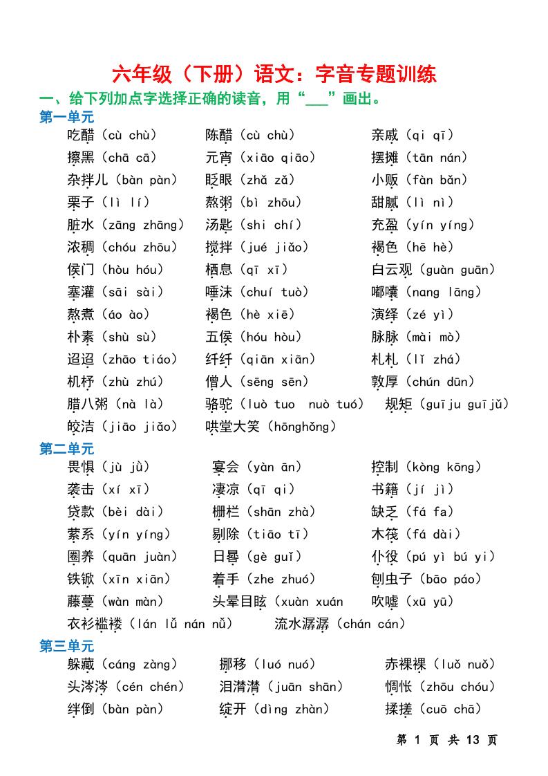六下語文字音專題訓練（含13頁）