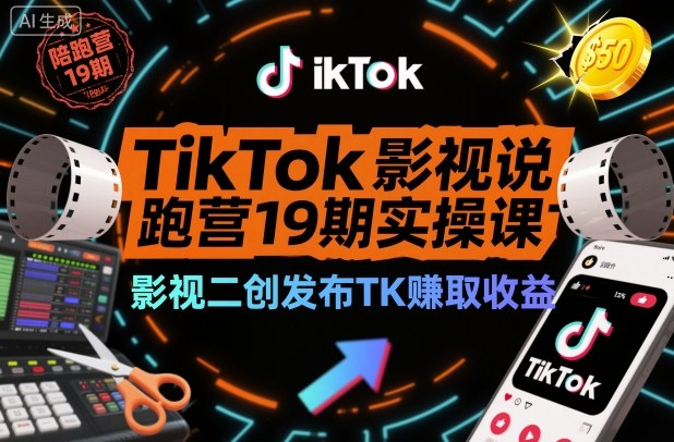 TikTok影視解說陪跑營19期實操課,影視二創發布TK賺取收益,萬播收益50美金(更新)