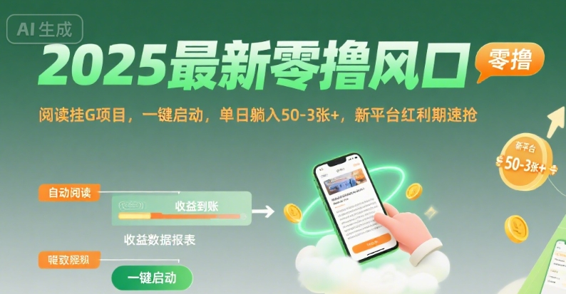 2025最新零擼風口,閱讀掛G項目,一鍵啟動,單日躺入 50-3張+,新平臺紅利期速搶【揭秘】