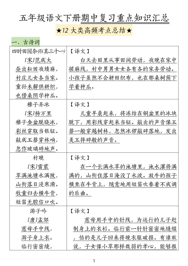 五下語文期中高頻考點(diǎn)總結(jié)