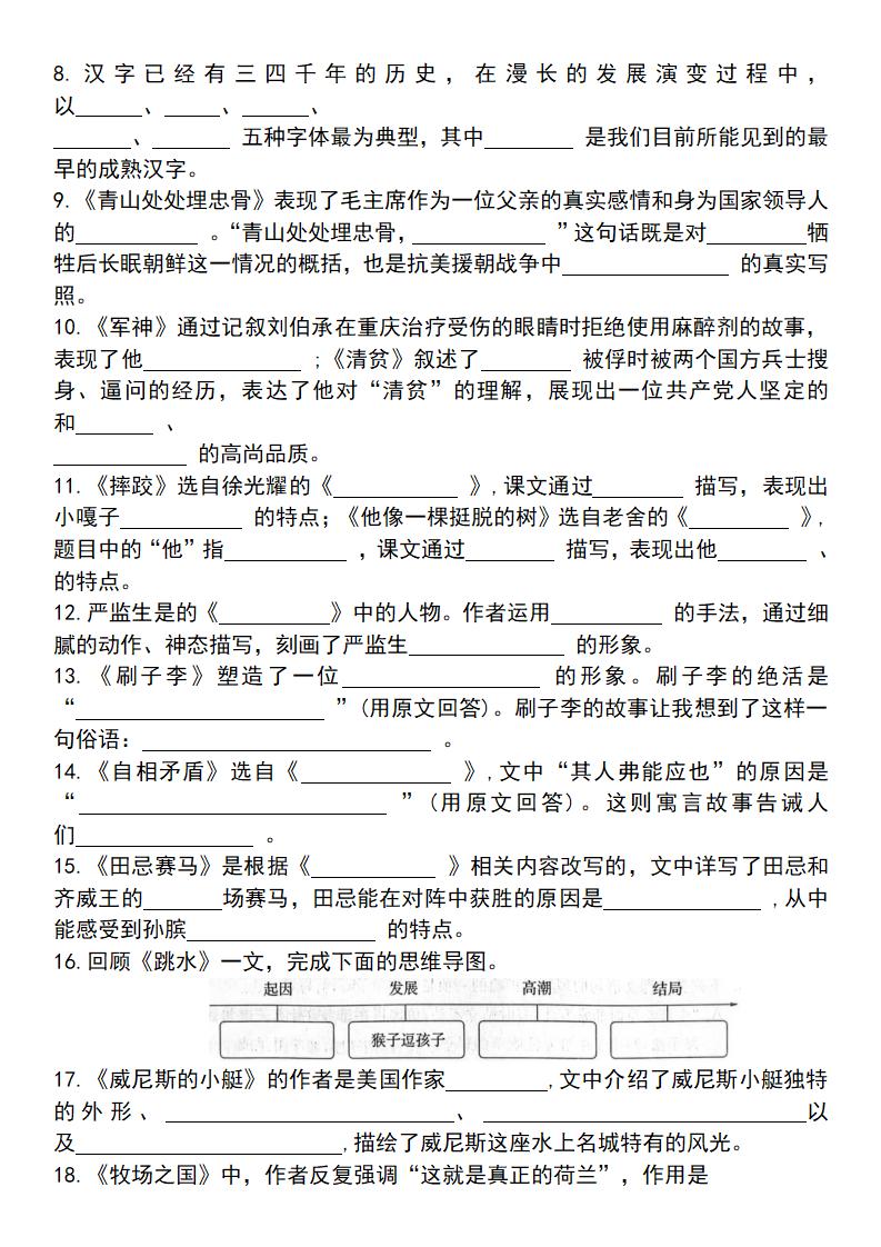 25學年五下語文四大專項考點精（專題四：課文內容與積累運用）