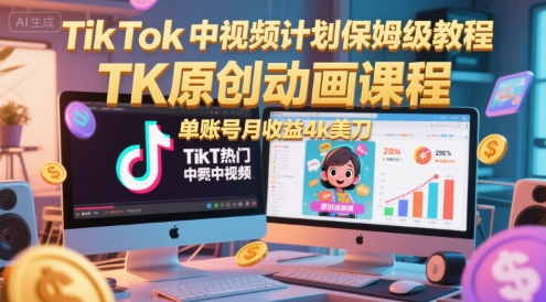 TikTok中視頻計劃保姆級教程,TK原創動畫課程,單賬號月收益4k美刀