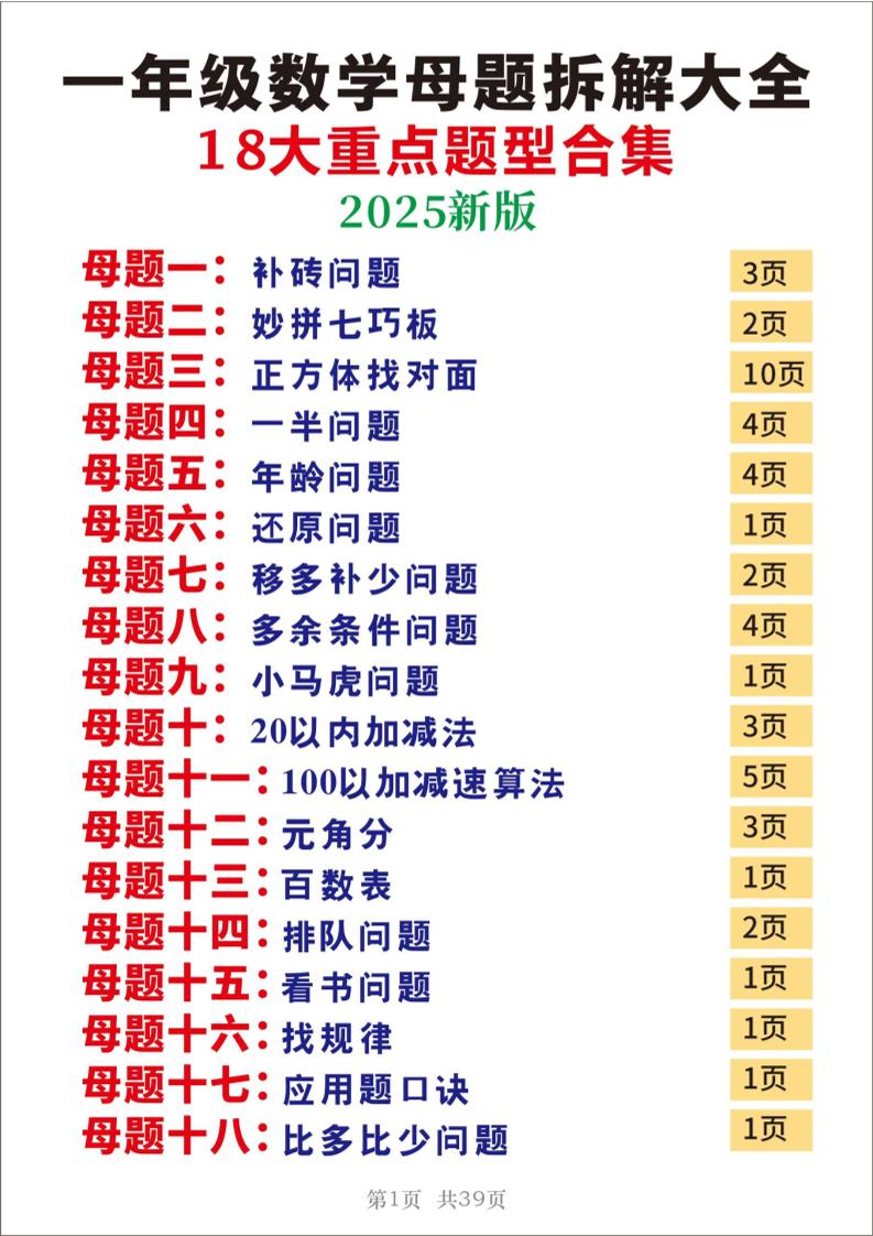 25一年級下冊數學十八大母題重點題型39頁