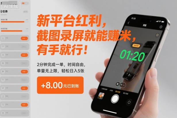 新平臺紅利，截圖錄屏就能賺米，有手就行！2分鐘完成一單，時間自由，單量無上限，輕松日入5張【揭秘】