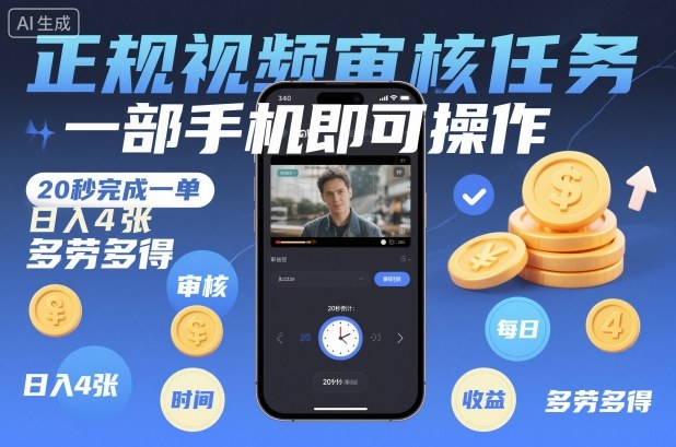 正規(guī)視頻審核任務(wù)，一部手機(jī)即可操作，20秒完成一單，日入4張，多勞多得【揭秘】