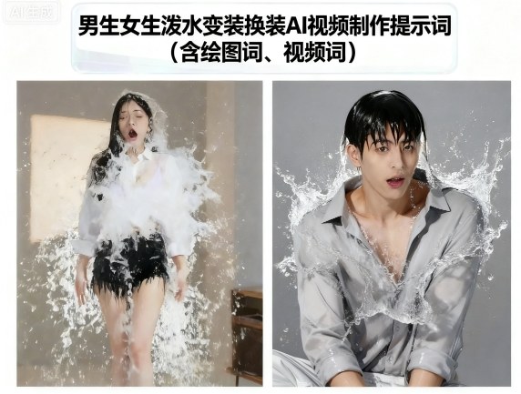 男生女生潑水變裝換裝AI視頻制作提示詞(含繪圖詞、視頻詞)
