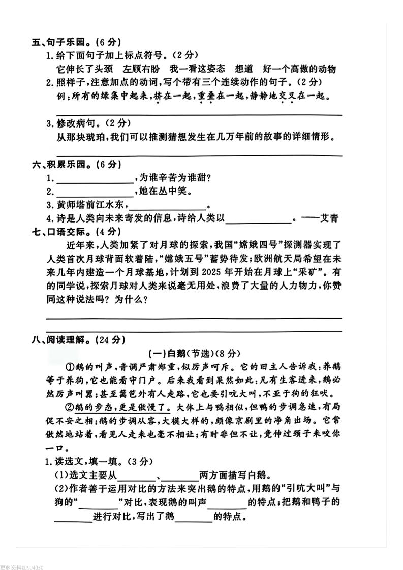 四年級下冊語文期中押題卷