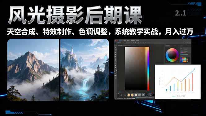風光攝影后期課，一鍵換天空合成、特效制作、色調調整，月入過萬