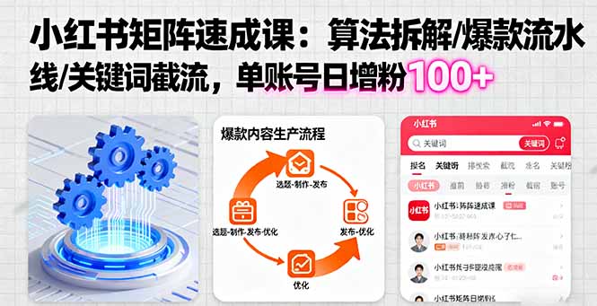 小紅書矩陣起號速成課：算法拆解/爆款流水線/關鍵詞截流 單賬號日增粉100+