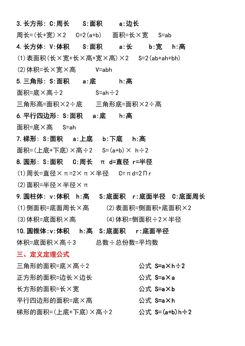 五年級(jí)下冊(cè)數(shù)學(xué)必背公式大全(期中常考)