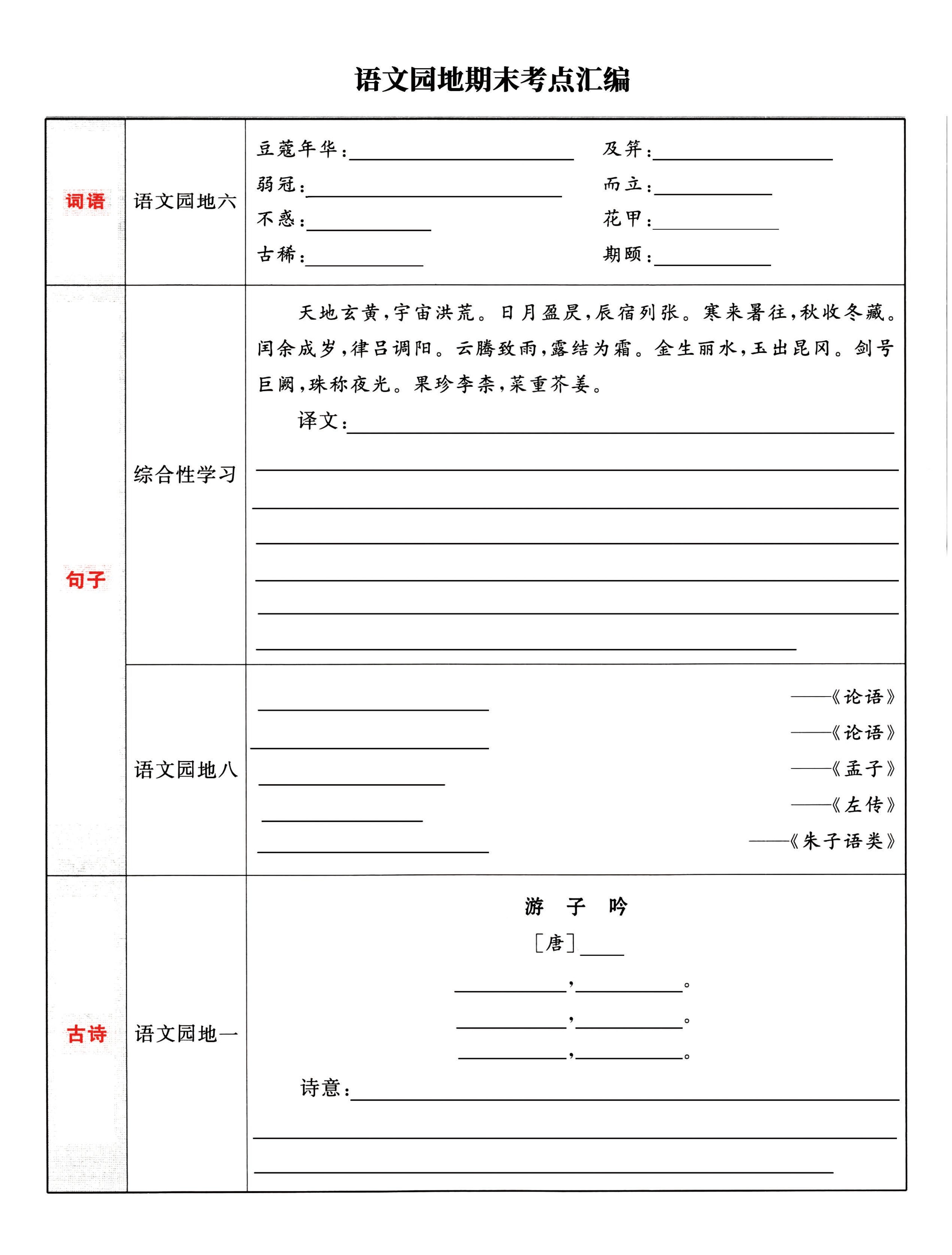 五下語文《語文園地》期末考點匯編，附配套習題和默寫集訓