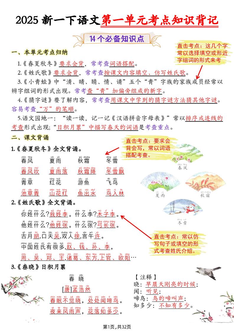 25新一下語文1-8單元考點知識背記（32頁）