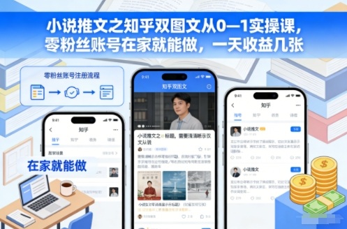 小說推文之知乎雙圖文從0—1實操課，零粉絲賬號在家就能做，一天收益幾張