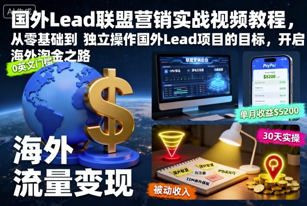國外Lead聯盟營銷實戰視頻教程，從零基礎到獨立操作國外Lead項目的目標，開啟海外淘金之路