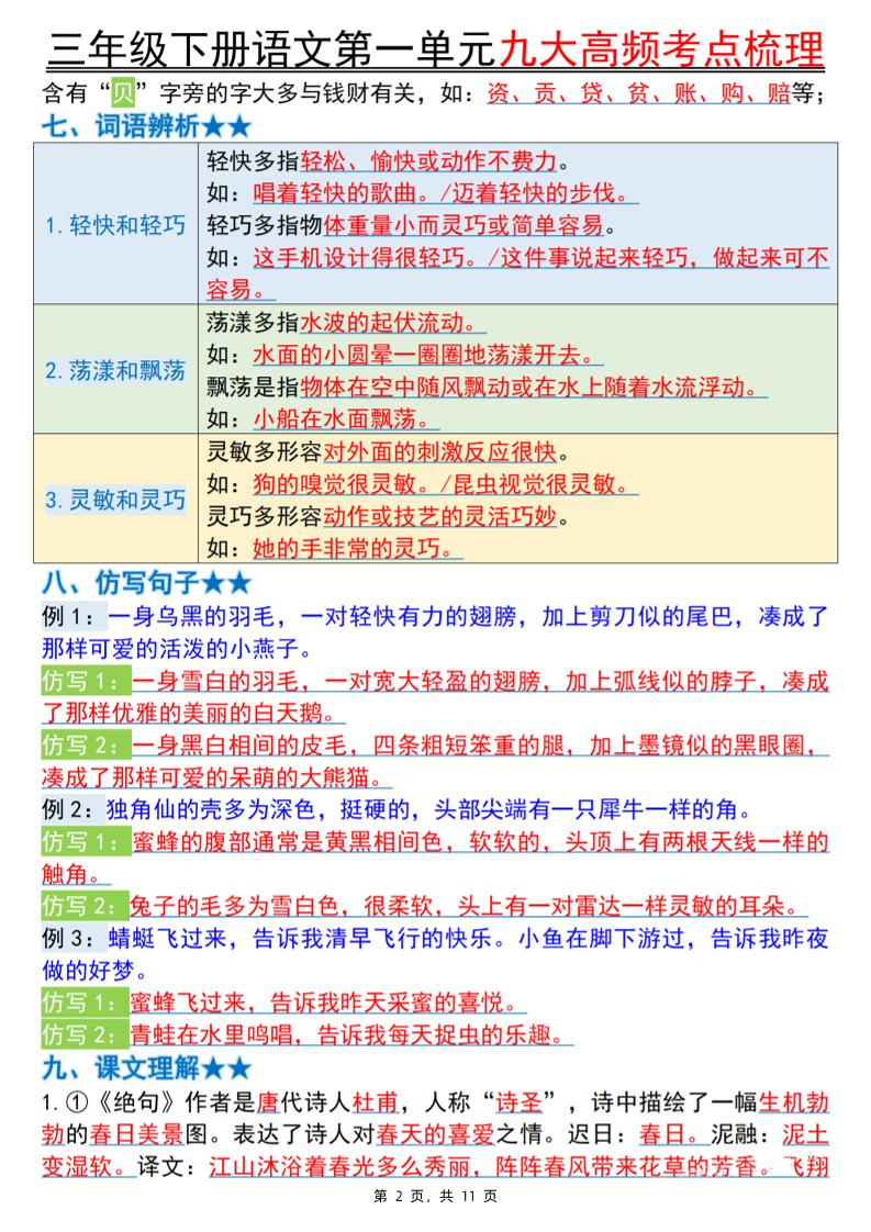 三下語文期中復習1-4單元高頻考點梳理（11頁）