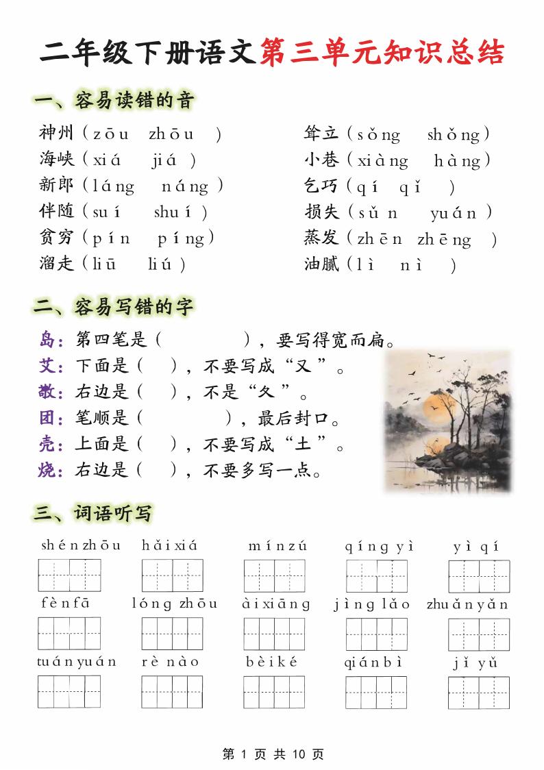 【第三單元】二下語文重點知識總結（填）純圖版10頁