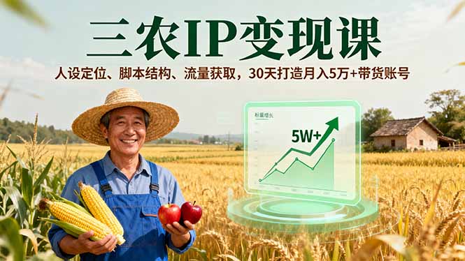 三農IP變現課，人設定位、腳本結構、流量獲取，30天打造月入5萬+帶貨賬號