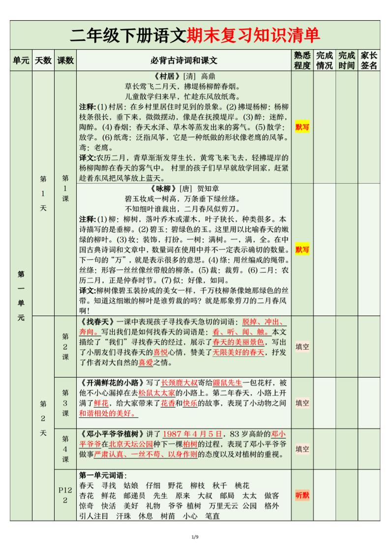 二年級下語文期末復習計劃清單