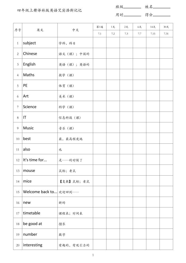 四年級上冊譯林版英語艾賓浩斯記憶