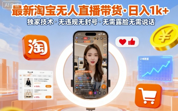 最新淘寶無人直播帶貨，日入1k+，獨家技術，無違規(guī)無封號，無需露臉無需說話【揭秘】