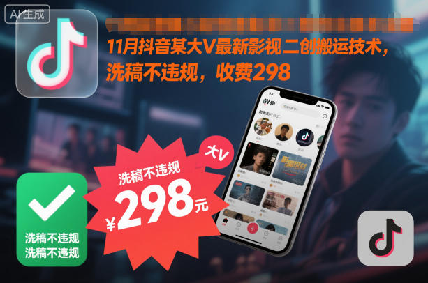 11月抖音某大V最新影視二創搬運技術，洗稿不違規，收費298