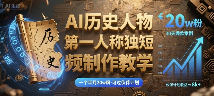 最新AI歷史人物第一人稱(chēng)獨(dú)白短視頻制作教學(xué)，一個(gè)半月20w粉，可過(guò)伙伴計(jì)劃