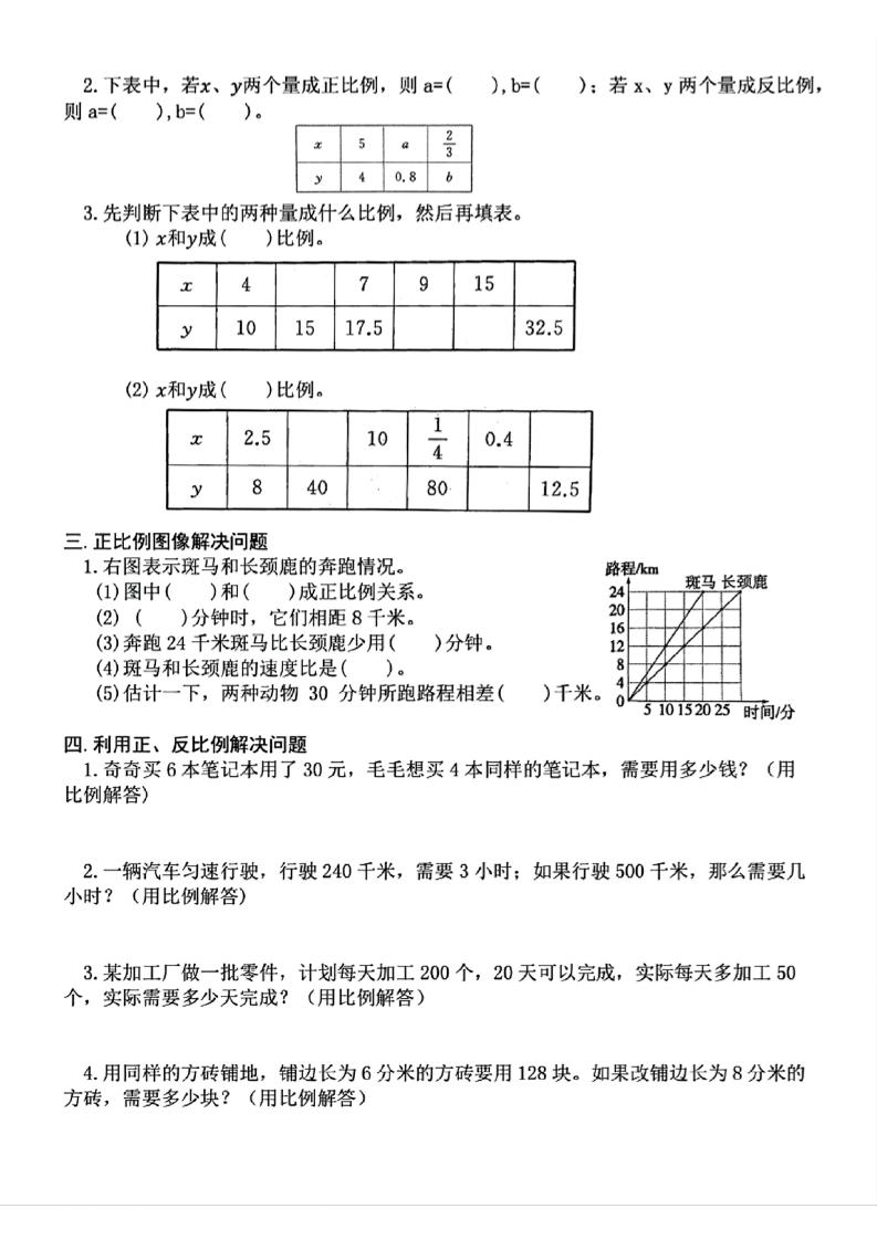 六下數(shù)學(xué)期中復(fù)習(xí)必考正反比例填空