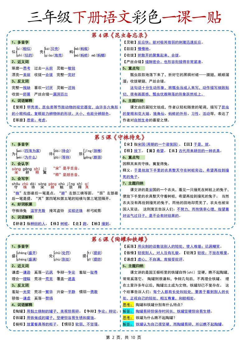 新版三下語文彩色一課一貼（課內重點課課貼）10頁