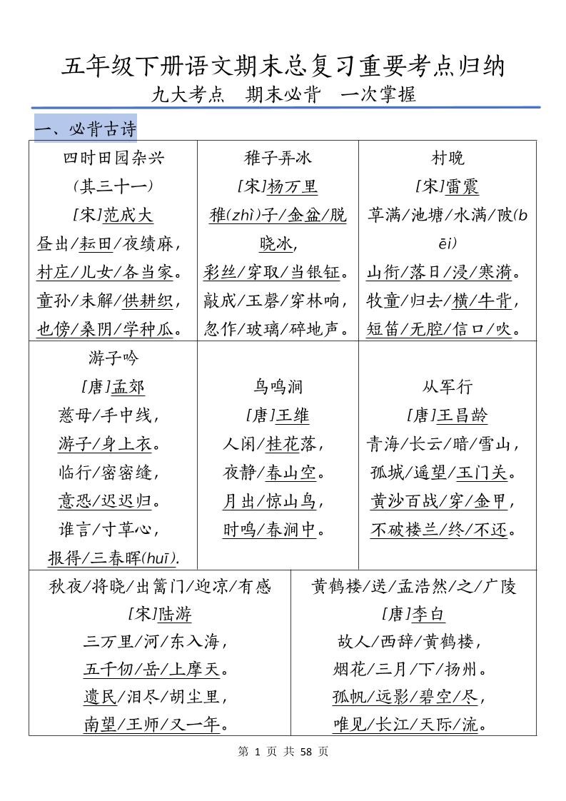 五下語文期末總復習重要考點歸納
