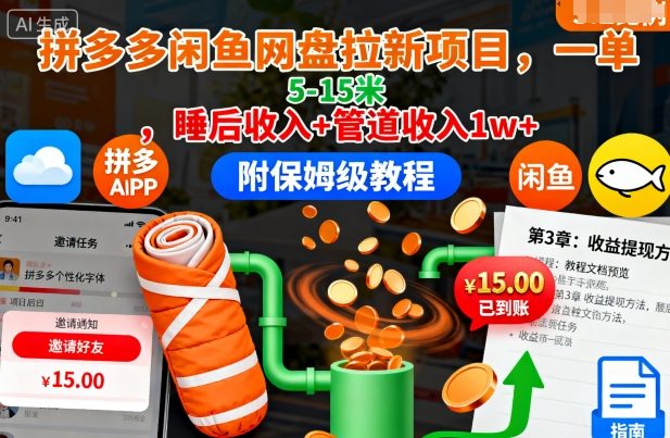 拼多多閑魚網盤拉新項目，一單5-15米，睡后收入+管道收入1w+(附保姆級教程)