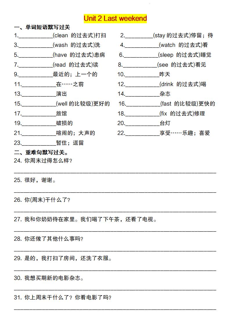 【英語】【人教pep版】2025春六下英語重點詞句默寫闖關單