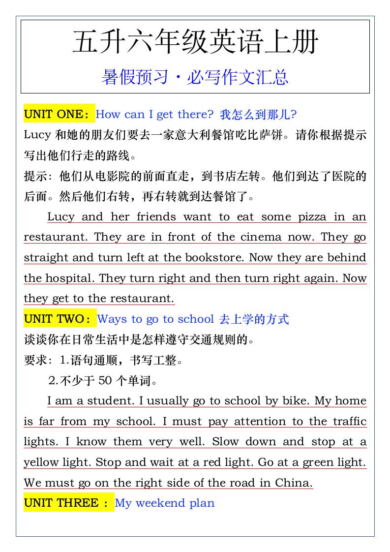 五升六年級英語上冊暑假預習·必寫作文匯總-六上英語