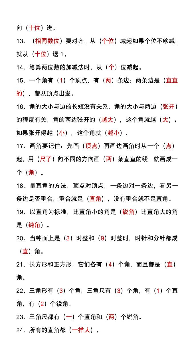 二年級(jí)上冊(cè)數(shù)學(xué)暑假預(yù)習(xí)必做《重點(diǎn)填空題》