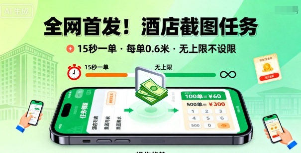 全網首發！酒店截圖任務，15秒一單，每單0.6米，任務無上限不設限，矩陣操作單日3張到手【揭秘】