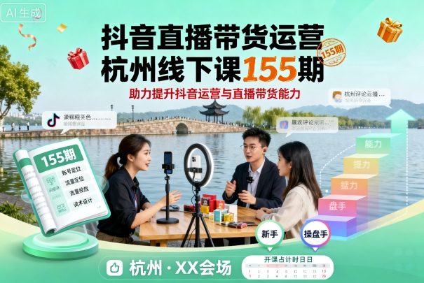 抖音直播帶貨運營杭州線下課155期,助力提升抖音運營與直播帶貨能力