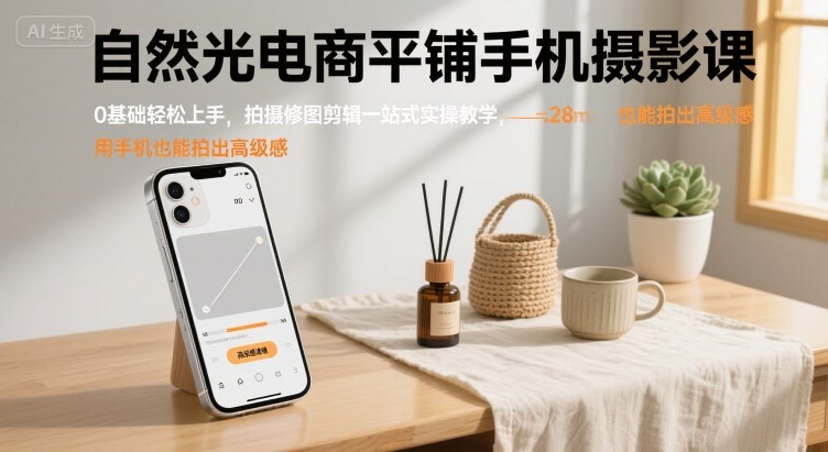 自然光電商平鋪手機(jī)攝影課，0基礎(chǔ)輕松上手，拍攝修圖剪輯一站式實(shí)操教學(xué)，用手機(jī)也能拍出高級感