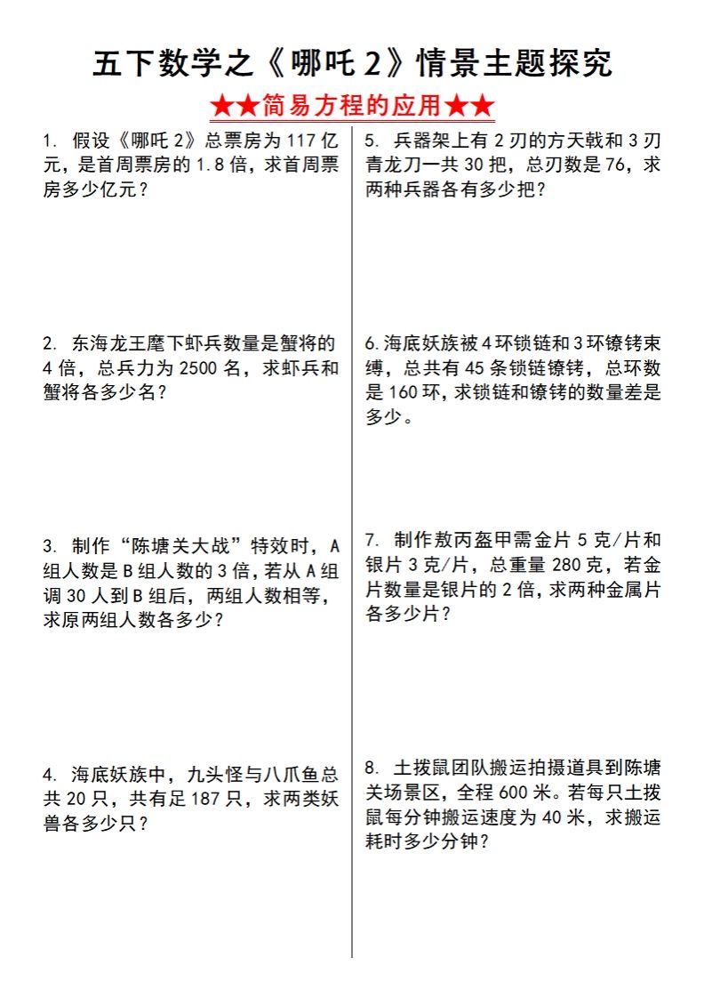 【蘇教版】五下數學之《哪吒2》情景主題探究(簡易方程的應用)（空白版）