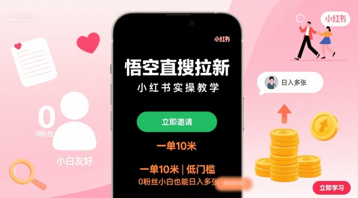 悟空直搜拉新小紅書實(shí)操教學(xué)，一單10米，低門檻，0粉絲小白也能日入多張