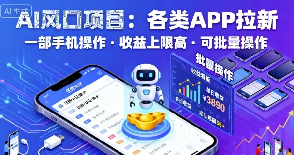 AI風口項目，各類APP拉新，一部手機就可以操作，收益上限高，可批量操作