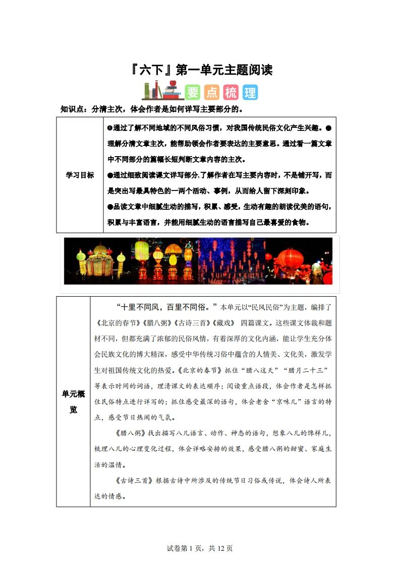【主題閱讀】統編版語文六年級下冊第一單元“民風民俗”（主題閱讀）