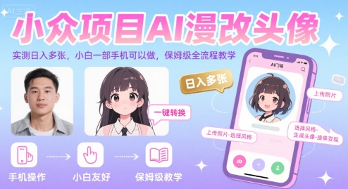 小眾項目AI漫改頭像，實測日入多張，小白一部手機可以做，保姆級全流程教學