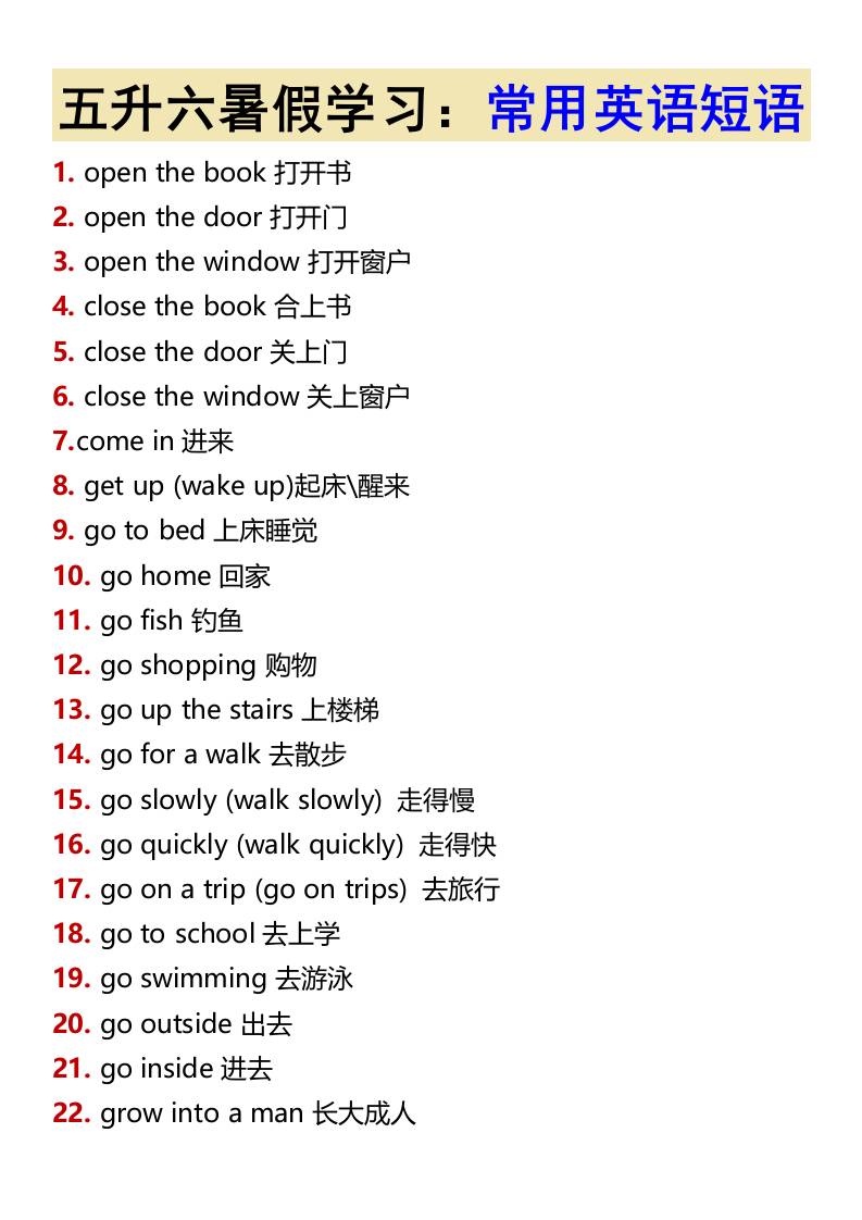 五升六暑假學習：常用英語短語-六上英語